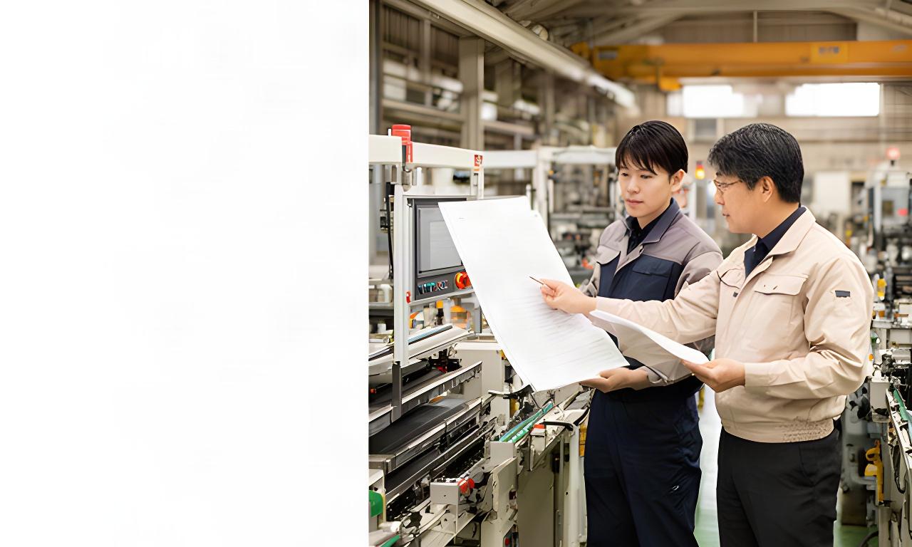 香川県の製造現場で、作業者と管理者が製造ラインの工程表を確認している様子